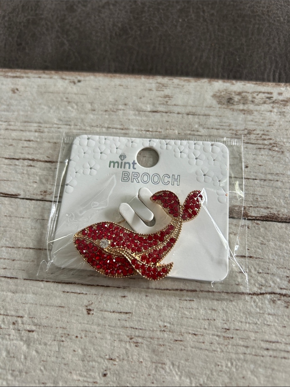 5/$25 Mint Red Rhinestone Whale Brooch